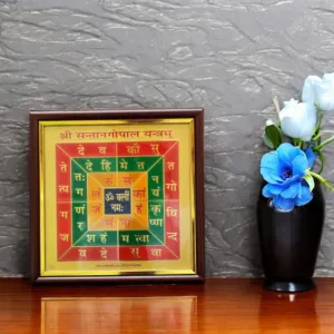 Effective Gems Gold Plated & Framed Shri Santan Gopal Yantra Ideal Beneficial for Blessing of Children, Healing, Home Decor, Puja, and Gifts, Lightweight with Superior Craftsmanship (15cm x 15cm)