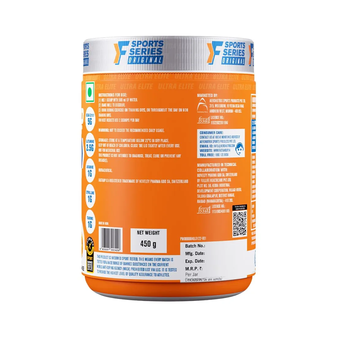 Fast&Up BCAA Advanced - 450 Gms, 30 Servings, (Orange Flavour) Informed Sport Certified BCAA that helps in Muscle Recovery & Endurance, BCAA (2:1:1)   Muscle Activators   Electrolytes