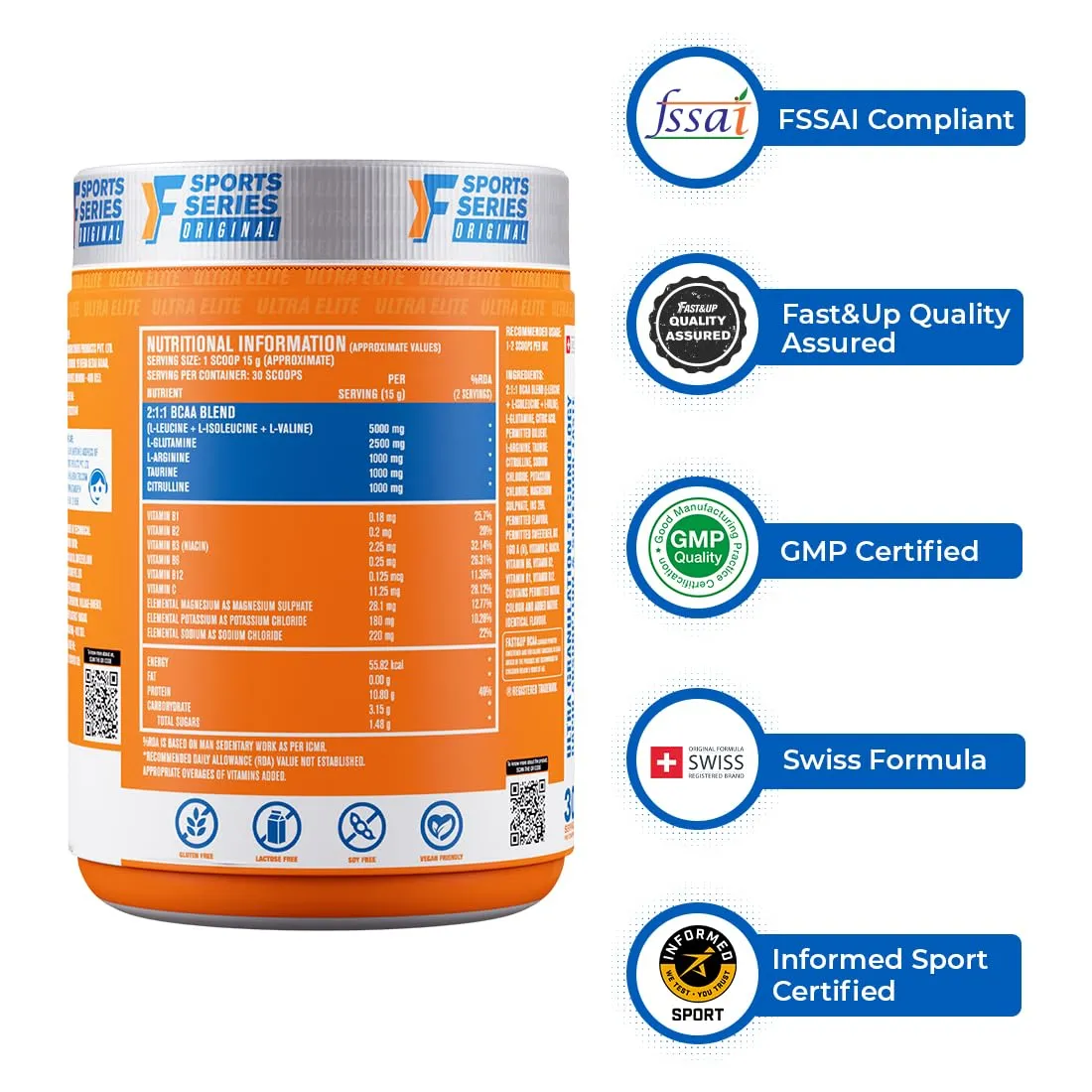 Fast&Up BCAA Advanced - 450 Gms, 30 Servings, (Orange Flavour) Informed Sport Certified BCAA that helps in Muscle Recovery & Endurance, BCAA (2:1:1)   Muscle Activators   Electrolytes