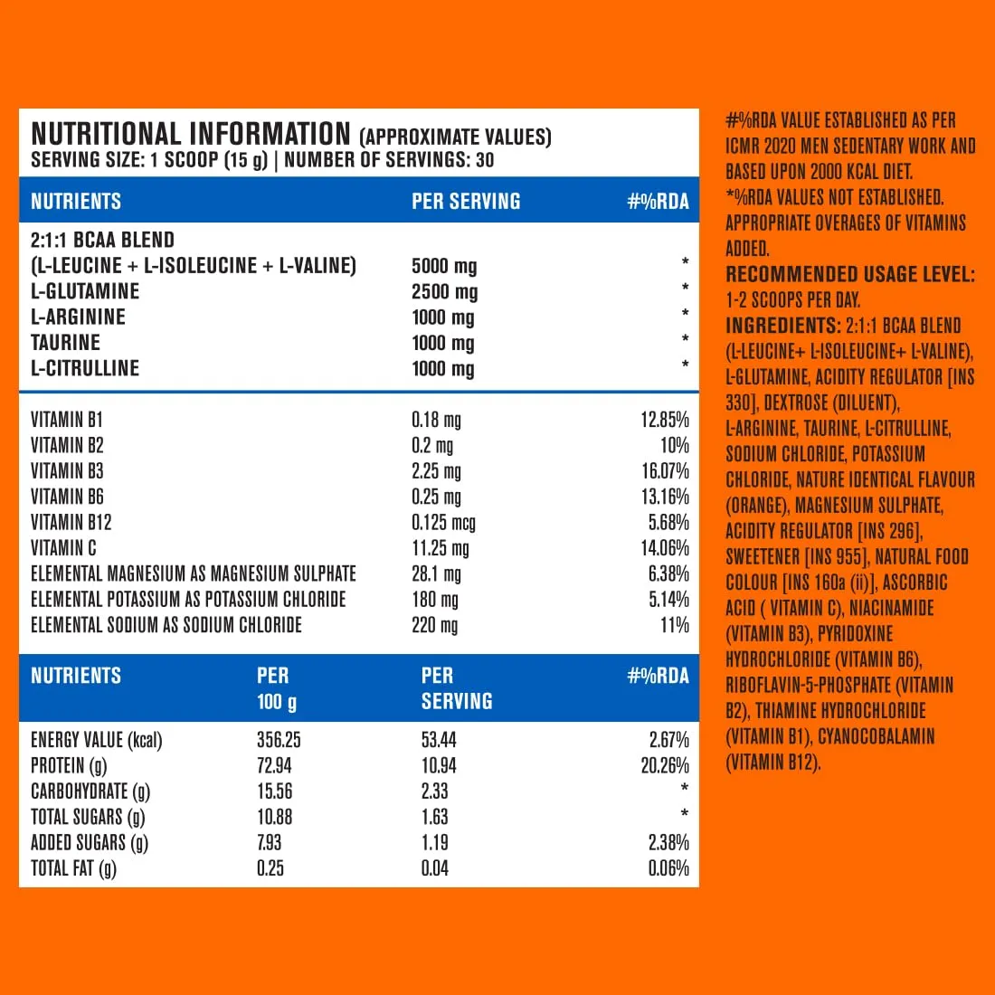 Fast&Up BCAA Advanced - 450 Gms, 30 Servings, (Orange Flavour) Informed Sport Certified BCAA that helps in Muscle Recovery & Endurance, BCAA (2:1:1)   Muscle Activators   Electrolytes